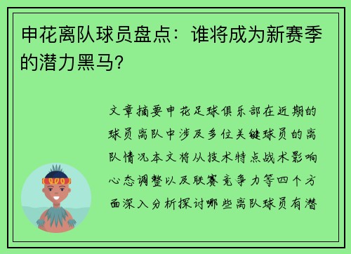 申花离队球员盘点：谁将成为新赛季的潜力黑马？